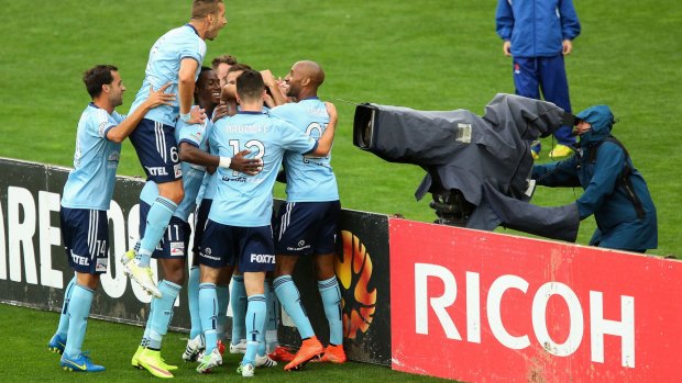 You're the one for me, Faty: Sydney FC players celebrate Jacques Faty's opening goal against the Phoenix.