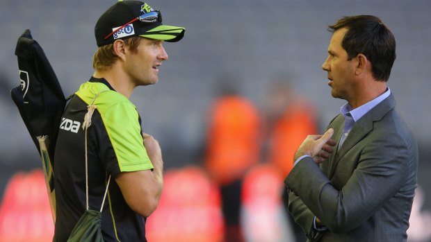 Shane Watson of the Thunder with former test captain turned Big Bash commentator Ricky Ponting.