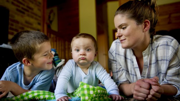Bywong mother Lizzie Cann with sons Harley, 8 months, and Dusti, 4.