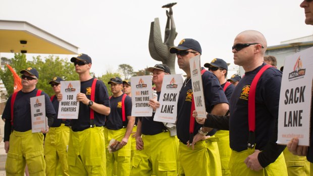 Fire fighters protest at Legislative of Assembly. Photo Jason Wright