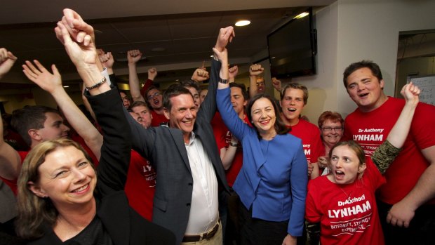 Victorious Labor candidate Anthony Lynham with jubilant Opposition Leader Annastacia Palaszczuk celebrating victory in the Stafford by-election.