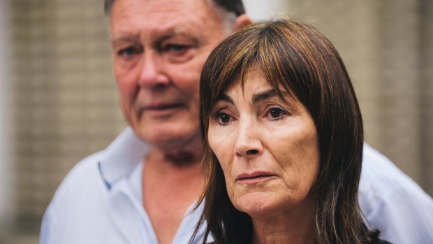 Parents of alleged murder victim Eden Waugh, Elaine and David Waugh speak to media outside the Civic Police Station.