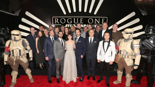 The cast and crew of Rogue One at the premiere in Hollywood.