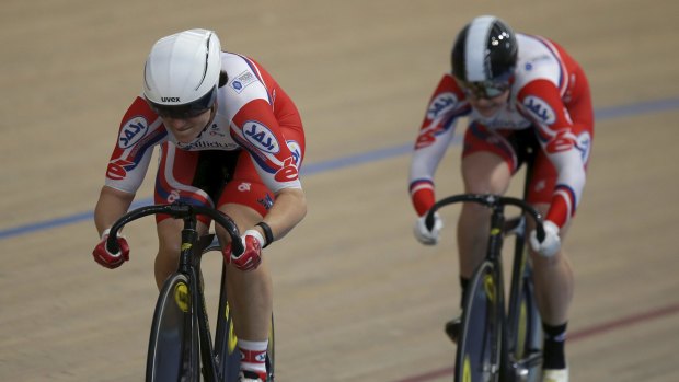 Anna Meares (left) competes in the women's team sprint on Wednesday.