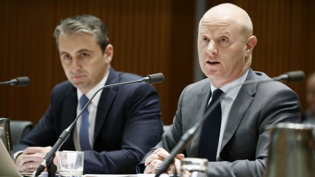 Commonwealth Bank chief executive Ian Narev (right), and Matt Comyn, retail banking services group executive, during the hearing.