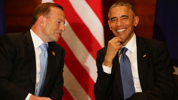Prime Minister Tony Abbott with US President Barack Obama at the US embassy in Beijing on Monday.