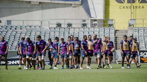 Brumbies players at the side's captain's run at Canberra Stadium ahead of their clash with the Waratahs on Friday. 