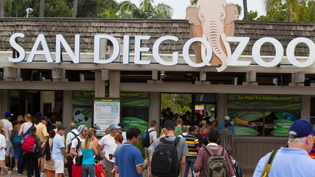 Visitors enter the front of the San Diego Zoo.