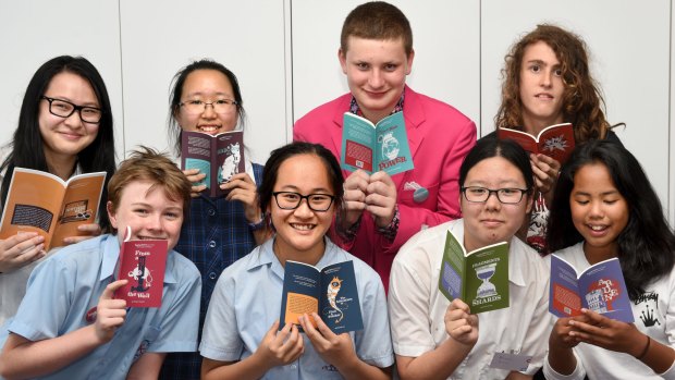 Young talent time:  First time published students (L to R) Finbar Clayton, Phoebe Lu, Briana Terman, Bindi Mutiara; (Back) Grace Chen, Lisa Choi, Sebastian Wooldridge and Luka Bakota.