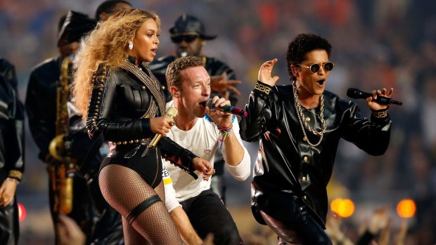 Beyonce, Chris Martin of Coldplay and Bruno Mars perform during the Super Bowl half-time show in February 2016.