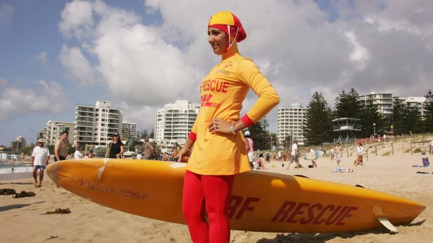 The burkini is seen as a symbol of integration, says its designer. Here lifesaver Mecca Laa Laa wears a burkini on her first patrol at North Cronulla Beach in 2007. 