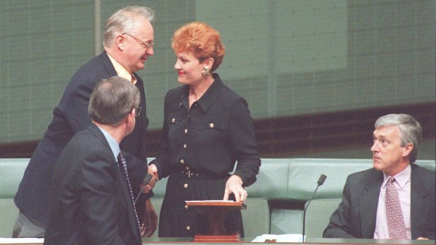 Senator Hanson is congratulated after her 1996 maiden speech in which she said Australia was in danger of being swamped by Asians.