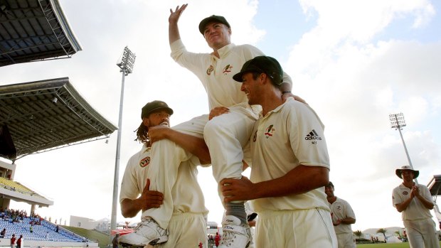 Stuart MacGill is chaired from the ground by Andrew Symonds and Mitchell Johnson after his final Test, in 2008 in the West Indies.