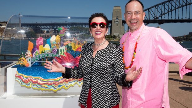 Sydney lord mayor Clover Moore, with artist Benja Harney, revealing the design for the NYE projections on the Harbour Bridge.