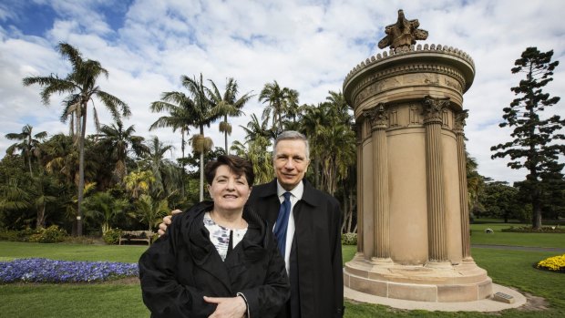 John and Patricia Azarias at the Lysicrates Statue in the Royal Botanic Gardens.