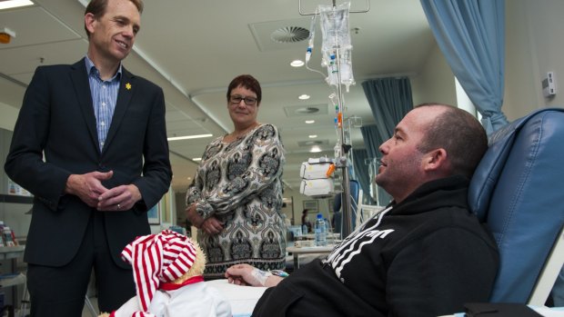 Health Minister Simon Corbell, nursing director Gaynor Stevenson and patient Peter Schumacher at the Regional Cancer Centre at the Canberra Hospital.