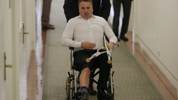 Jamie Briggs sports an injury the day after commiserating with Tony Abbott following the leadership spill. 