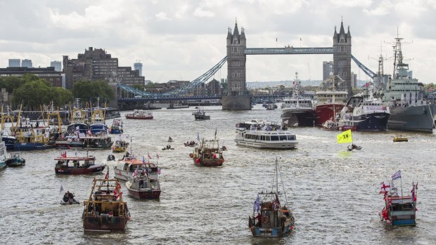 Boats from the 'Fishing for Leave' campaign group and from the 'In' campaign join a flotilla along the Thames.