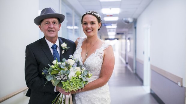 Malcolm Gibson with his daughter Kate before her wedding at the Canberra Hospital.