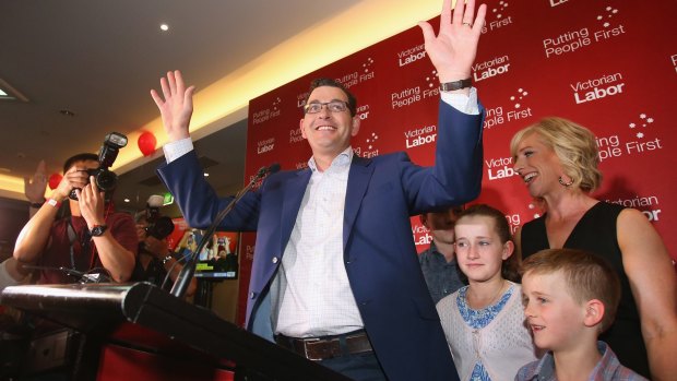 Daniel Andrews celebrates with his family following his 2014 election victory.