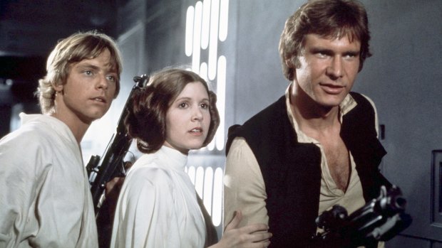 Actors Mark Hamill (from left), Carrie Fisher and Harrison Ford in Star Wars: A New Hope.