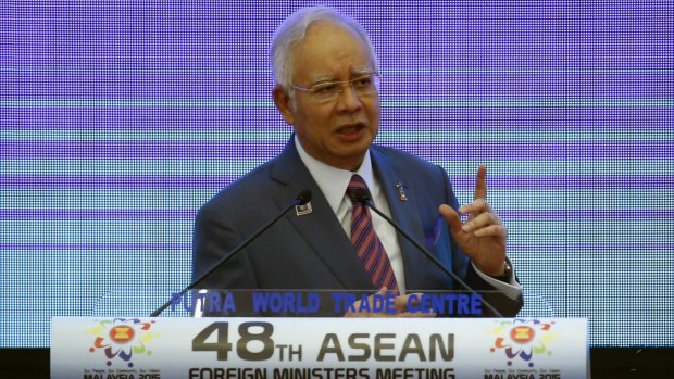 Malaysian Prime Minister Najib Razak delivers his opening speech at the 48th ASEAN Foreign Ministers meeting in Kuala Lumpur on Tuesday. 