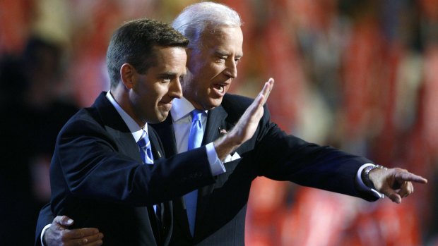 Beau Biden and his father, Joe Biden, on stage at the 2008 Democratic National Convention in Denver, Colorado.