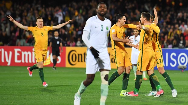 Tomi Juric celebrates a goal during the Socceroos' crucial win over Saudi Arabia.