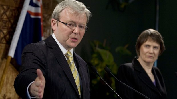 Helen Clark, New Zealand's then-prime minister, right, looks on as Kevin Rudd, Australia's then-prime minister, speaks during a joint news conference in Auckland, New Zealand in 2008. 