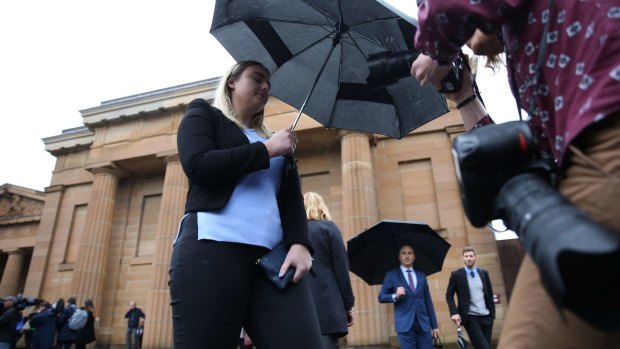 Jessica McNamara, here seen outside the court, apparently blew kisses to her father during the sentencing. 