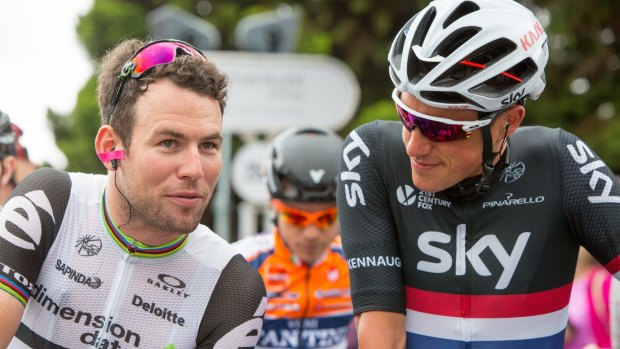 Race winner Peter Kennaugh (right) with Mark Cavendish.