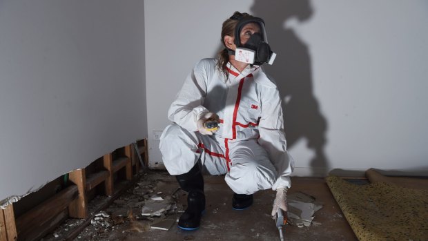 Jeanette Williams, a building biologist with EcoLibria, tests a home in Sydney's north for dangerous mould. 
