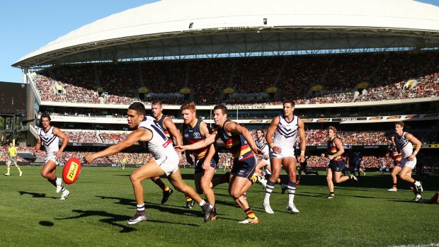 Michael Walters of the Dockers wins the ball during the round six match against the Crows