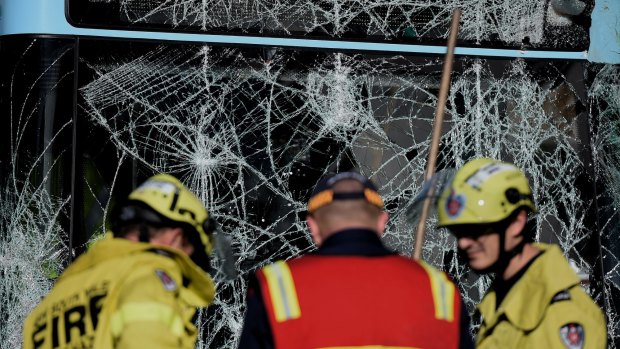 The windscreen of the bus was smashed in the crash at Cammeray.