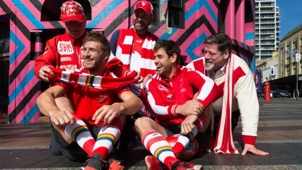 Pride: Sydney stars Kieren Jack and Nick Smith with Rainbow Swans David Bowron, Adrian Hempel and Stephen Fogarty. 
