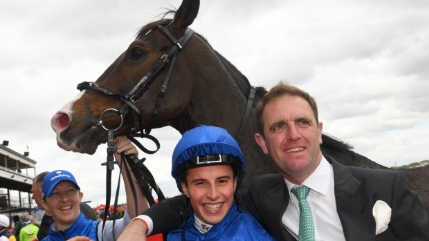 Raider: Godolphin trainer Charlie Appleby with William Buick after Francis Of Assisi's Queen Elizabeth Stakes win at Flemington in the spring.  He will chase the Sydney Cup with Penglai Pavilion and Polarisation.