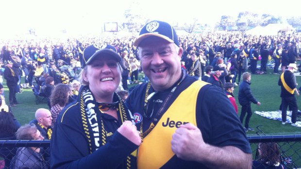Marc Quinn and wife Tania celebrate Richmond's win at Punt Road Oval
