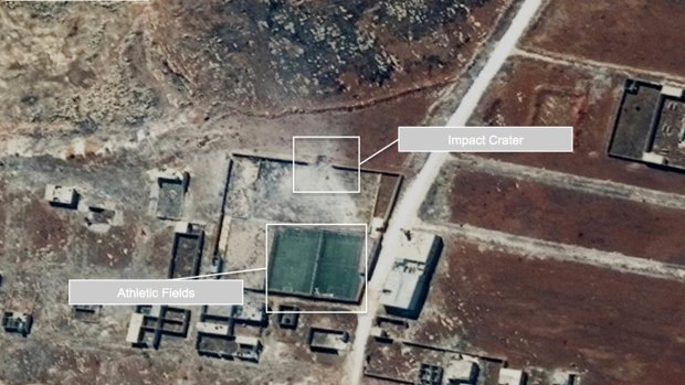 A damaged school or athletic facility in the Owaija district of Aleppo, Syria, on October 1, 2016. One official with the UN's satellite imagery program says new pictures from rebel-held parts areas of the city show "an awful lot of new damage".