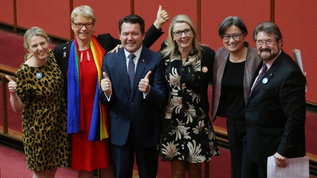 Senators Louise Pratt, Janet Rice, Dean Smith, Skye Kakoschke-Moore, Penny Wong and Derryn Hinch celebrate the passing of the marriage equality bill in the Senate.in November.