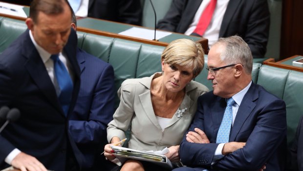 Prime Minister Tony Abbott, pictured with Julie Bishop and Malcolm Turnbull, says "It takes a good captain to help all the players of a team to excel". 
