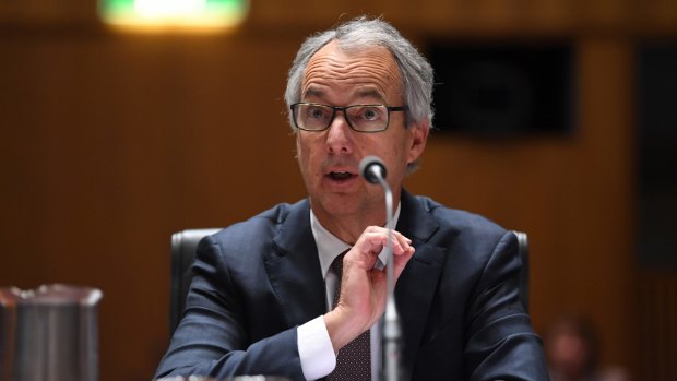Macquarie CEO Nicholas Moore appearing before a Senate hearing into the proposed bank levy.