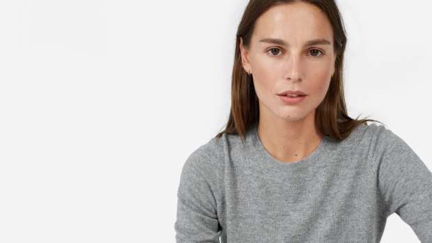 A model wearing the $130 ($US100) cashmere sweater sold by Everlane, which is pioneering "hyper transparency" in online retail.