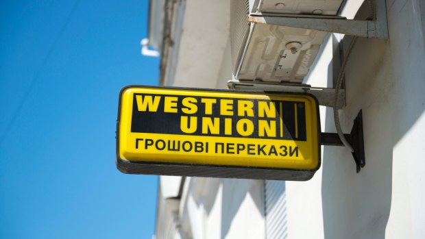 A Western Union sign in Sevastopol, Crimea, Ukraine. 