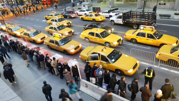 Yellow cabs rule during morning rush hour outside Grand Central Station in this photo taken in 2005.