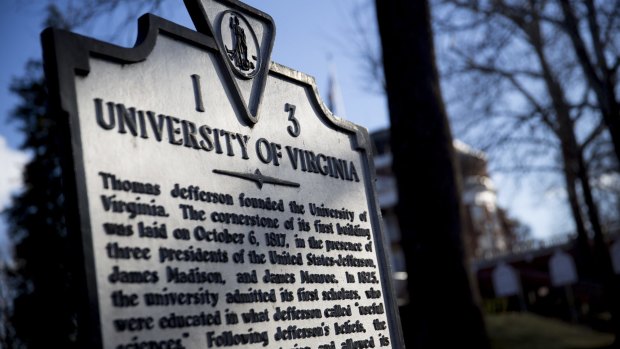 A Department of Historic Resources sign stands on the University of Virginia campus in Charlottesville.