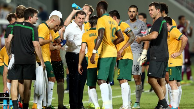 In charge: Ange Postecoglou rallies the troops against Qatar. 