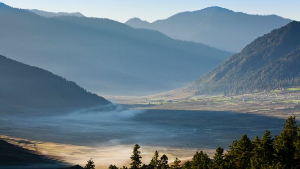 Dawn in Phobjikha, a glacial valley on the western slopes of the Black Mountains. The valley is a designated conservation area.