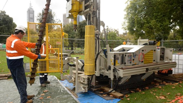 Test drilling begins in gardens off St Kilda Road for the Melbourne Metro rail project. 