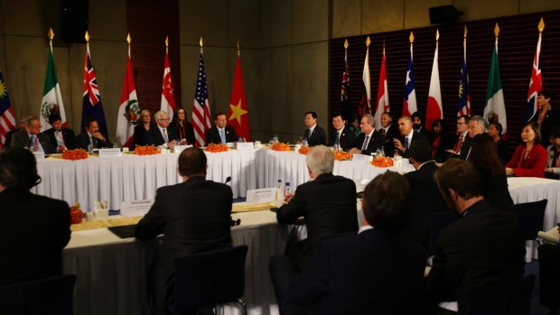 Australian Prime Minister Tony Abbott meets with leaders of Trans-Pacific Partnership Agreement at the US Embassy in Beijing. 