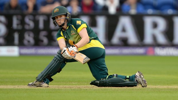 Australia's Alex Blackwell sweeps during the final T20 against England in Cardiff on Monday.